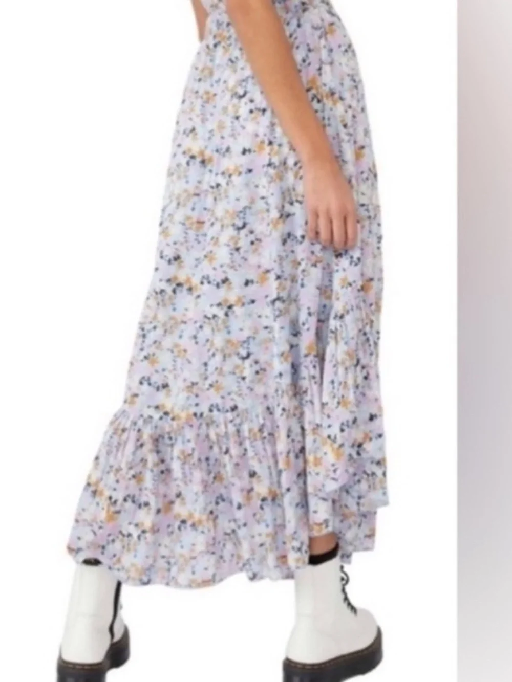 ✌🏼 Free People Boho Lavender Floral Ruffle Maxi Skirt Large Elastic Wasit 10 12